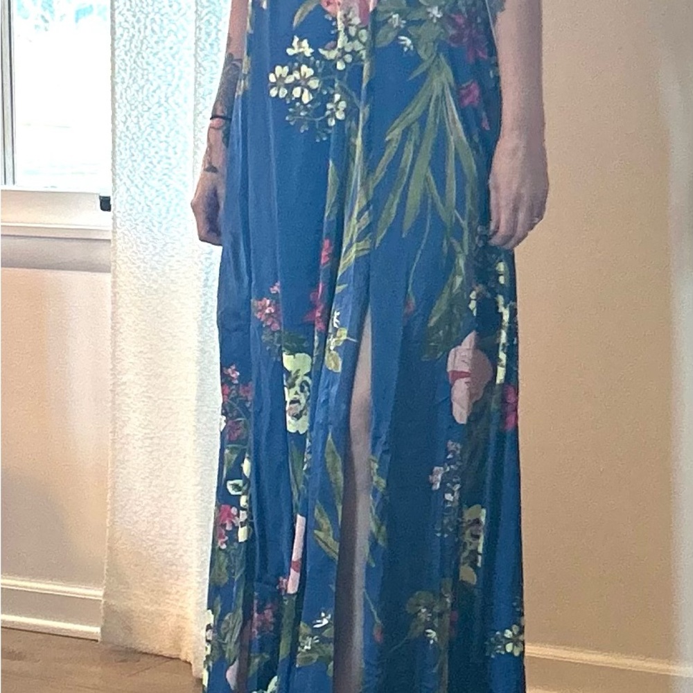 Lulu's Blue Floral Maxi Skirt with Bright Floral Accents
